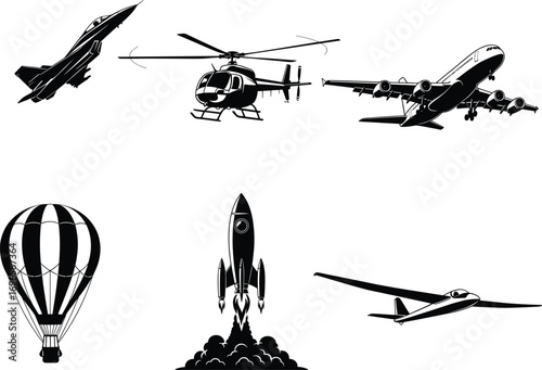 Aircraft silhouette vector illustration, fighter jet, helicopter, airplane, hot air balloon, rocket launch, glider, aviation icons, black graphic, flight concept