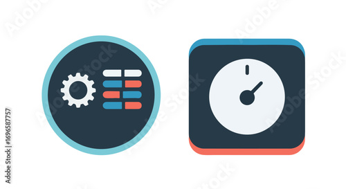 Configuration interface elements showcasing settings gear and a square clock with hands indicating time management functionality