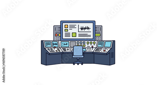 Stylized illustration of a control room with a computer interface and numerous buttons for potential use in gaming or science