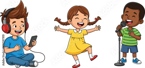 Kids enjoying music activities, boy listening with headphones, girl dancing joyfully, boy singing with microphone, children performing, musical fun time