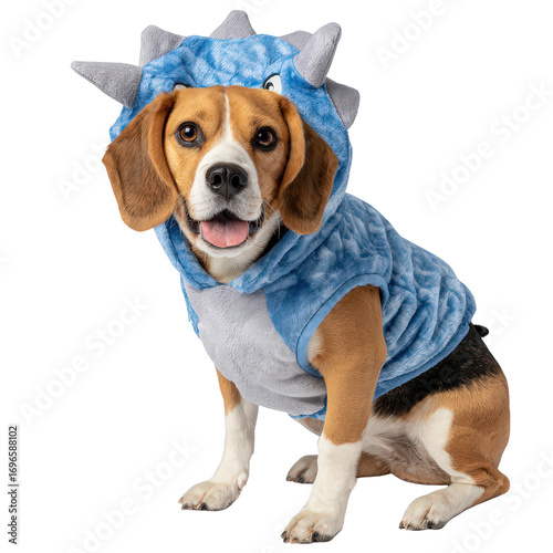 Playful Beagle Dog in Blue Dinosaur Costume, Indoor Setting, Pet Photography, Fun Environment, Cute Perspective