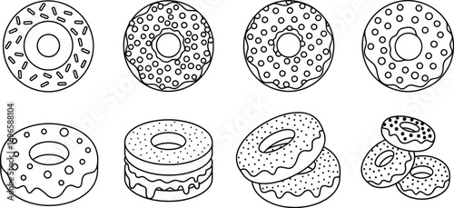 Variety of sweet donuts with different toppings and designs