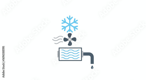 Air conditioning system illustration showcases cooling process with snowflake symbol and fan indicator  water condensation