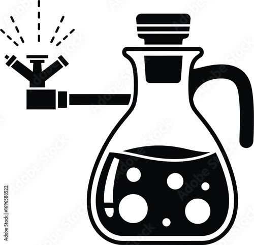 Liquid being dispensed from a sprinkler system into a glass jug.