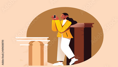 A stylish woman taking a picture with a smartphone while visiting an art gallery or historical museum. Flat vector illustration