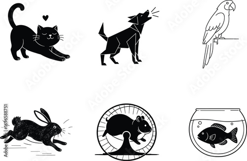 Cute cartoon pets vector set, cat, dog, parrot, rabbit, hamster, fish, black and white animal illustrations, playful, dynamic, fun, adorable