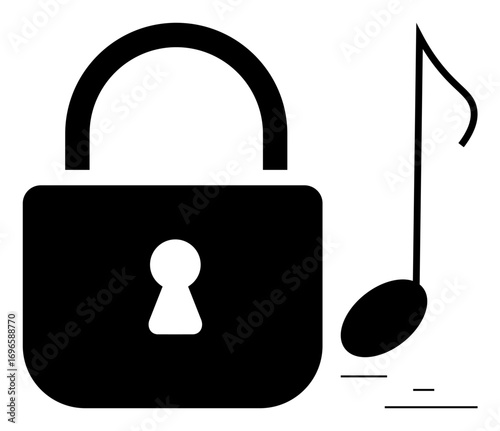 Padlock and musical note symbol represent copyright, music protection, and content security. Ideal for copyright law, digital rights, intellectual property, entertainment, security, licensing simple