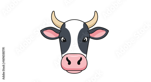 Adorable cartoon cow head with charming eyes and a friendly expression on a clean white background