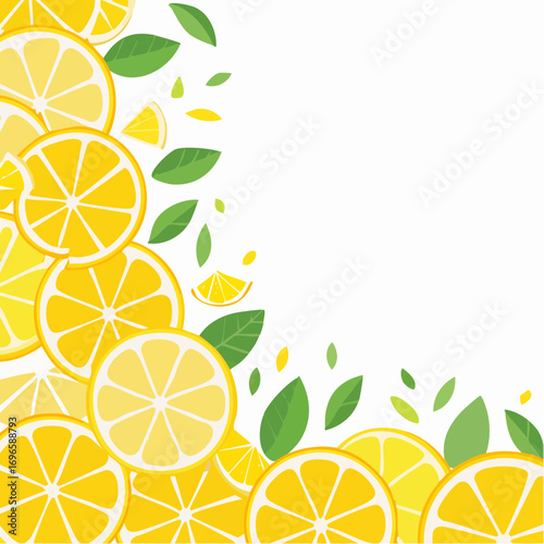 Lemon Slices and Green Leaves on White Background