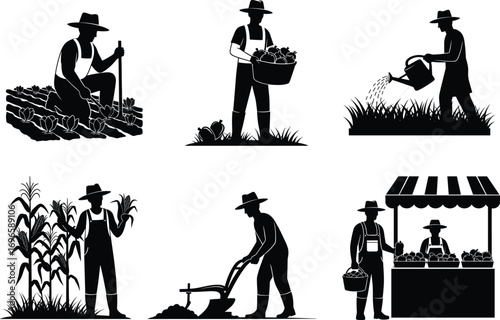 Farmer silhouette vector, agriculture activity illustration, planting, harvesting, watering, plowing, selling produce, black icon set, rural lifestyle, farming concept