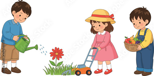 Children gardening together, boy watering flowers, girl mowing grass, boy holding basket of fruits, outdoor garden activities, kids teamwork nature