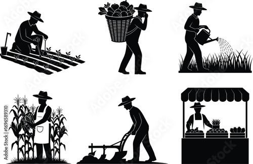 Farming silhouette vector, agriculture worker illustration, planting, harvesting, watering, plowing, selling produce, rural lifestyle, black icons, seasonal farm activity set