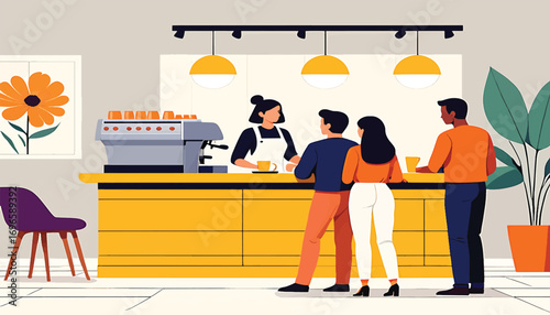 Modern coffee shop scene with a barista serving customers waiting in line at the counter, flat vector illustration