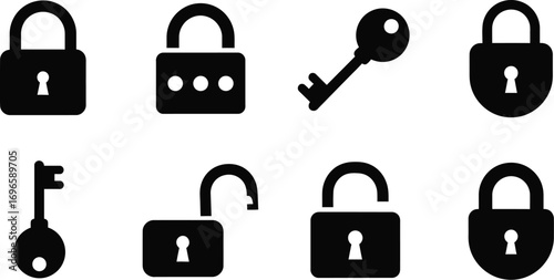 Collection of simple black icons depicting various locks and keys on a white background.