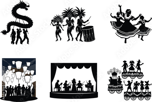 Global festival silhouettes, cultural celebration vector, dragon dance, lantern release, folk parade, music band, tropical dancers, carnival float, traditional costumes, festive crowd