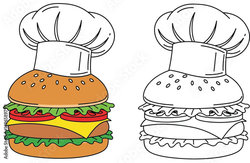 Chef's Burger Cartoon with Toque Hat - Delicious Fast Food Concept