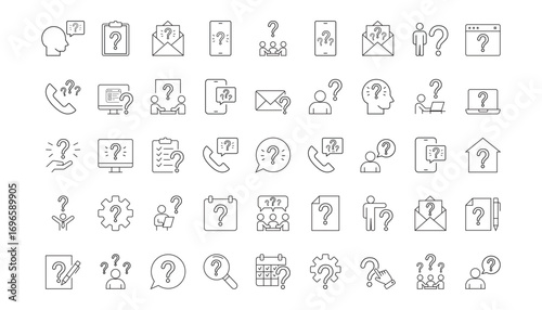 question. to ask questions. icons. look for answers to questions. frequently asked questions. icon with questions. banner. advertisement. black lines.