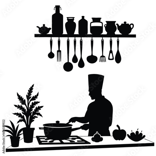 Chef silhouette cooking in a kitchen with plants and vegetables