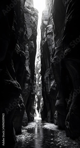 Dramatic black and white photograph of a narrow, water-carved chasm with towering monolithic rock walls leading to a sliver of light