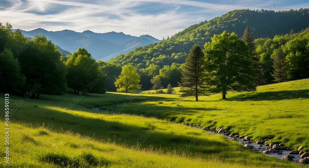 Obraz premium Lush green valley with a winding stream and rolling hills