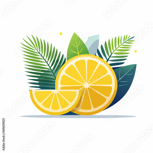 Lemon Slice With Tropical Leaves On White Background
