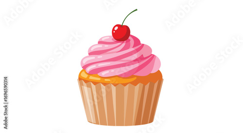 Delightful single cupcake illustration with swirling pink frosting and bright cherry providing a sweet and tempting treat presentation