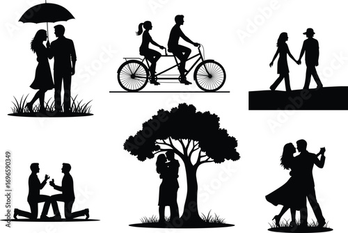 Romantic couple silhouette vector, love scenes, proposal, umbrella moment, tandem bicycle, tree embrace, dancing pose, black illustration, relationship concept, stock design