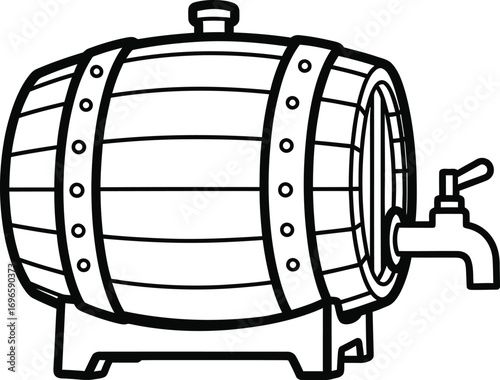 Classic wooden barrel with a tap for dispensing beverages, isolated on white.