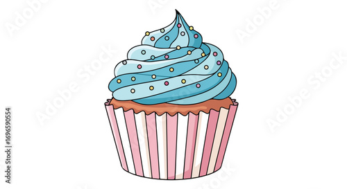 Delightful blue frosted cupcake with colorful sprinkles in a pink striped paper cup confectionery deliciousness food sweets pastry shop dessert