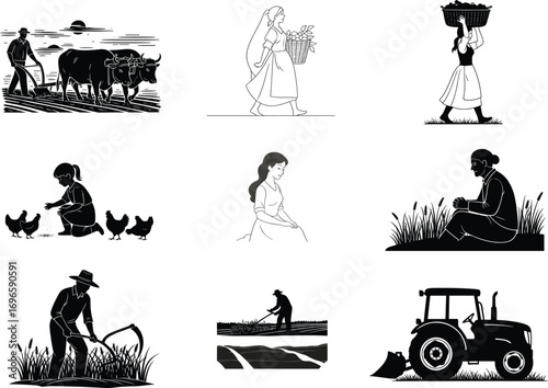 Rural farming life, traditional agriculture, village people, countryside labor, ox plowing, harvesting crops, tractor work, women with baskets, feeding chickens, rustic lifestyle scenes