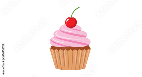 Delightful cherry topped cupcake with pastel pink frosting, a sweet treat illustration for confectionary creations and dessert themed design elements