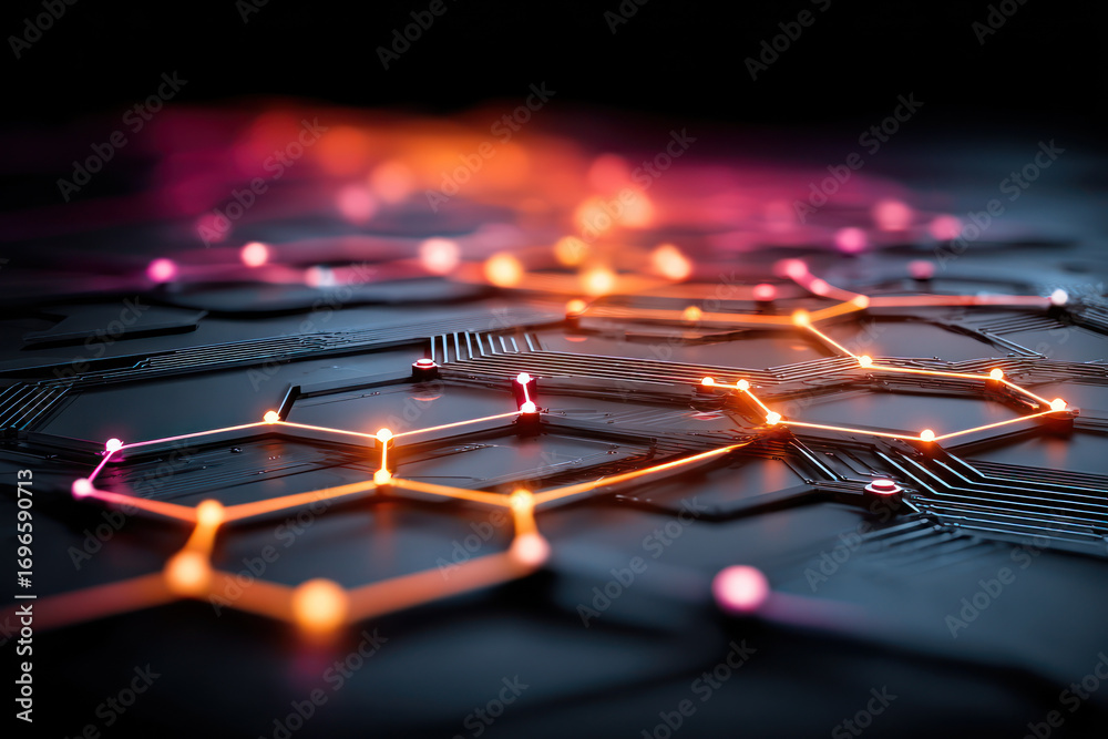 Fototapeta premium Vibrant lines intersect in geometric shapes, creating a captivating digital landscape illuminated by warm colors