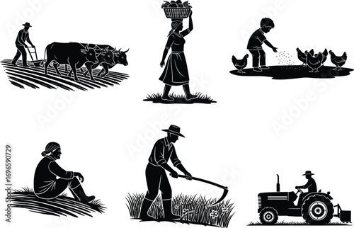 Rural farming vector set, traditional agriculture scenes, village lifestyle illustrations, ox plowing, tractor driving, harvesting, poultry care, countryside labor clipart