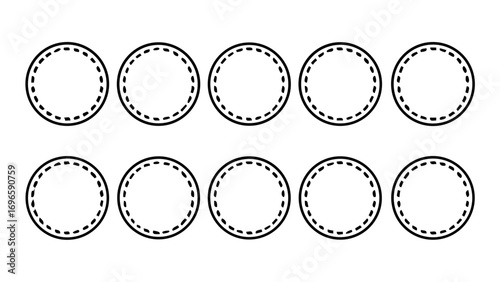 Ten circular shapes arranged in two rows with a dashed inner circle and a solid outer circle design