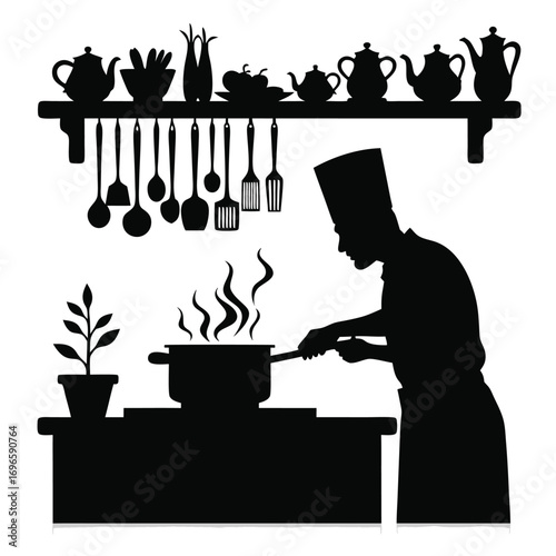 Chef silhouette cooking in kitchen with hanging utensils and teapots