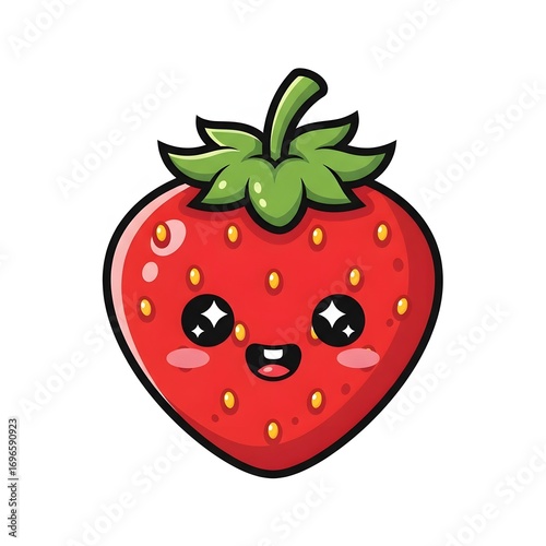 A cute, cartoon-style strawberry with a smiling face, green leaves, and a red body, set against a white background with a green leaf in the background.