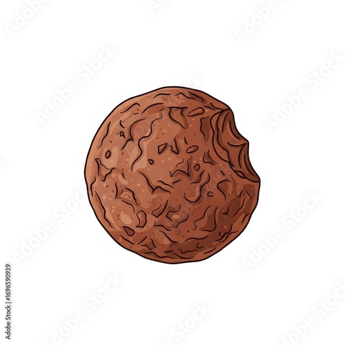 A single chocolate chip cookie with a bite taken out, placed on a white background with a soft shadow.