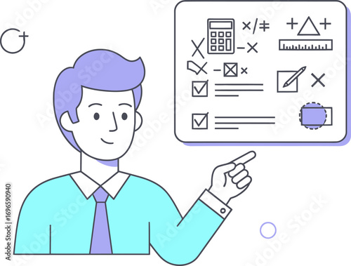 Conceptual line art of a person analyzing mathematical equations and geometric shapes, representing logic and strategic thinking