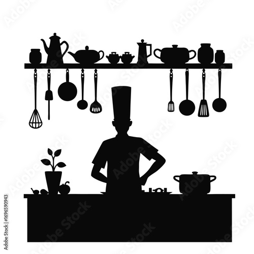 Chef silhouette cooking in kitchen with hanging utensils and pots Keywords: chef, silhouette