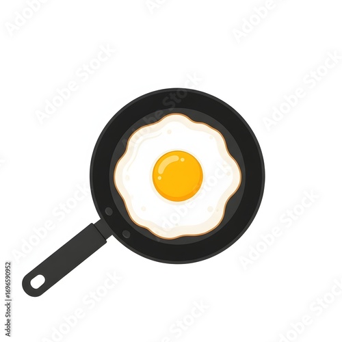 A black frying pan with a fried egg on it, placed on a white background with a black handle.