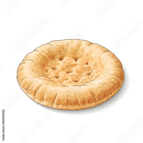 A round, golden-brown flatbread with a slightly puffed top and a slightly rough texture, placed on a white background with a soft shadow.