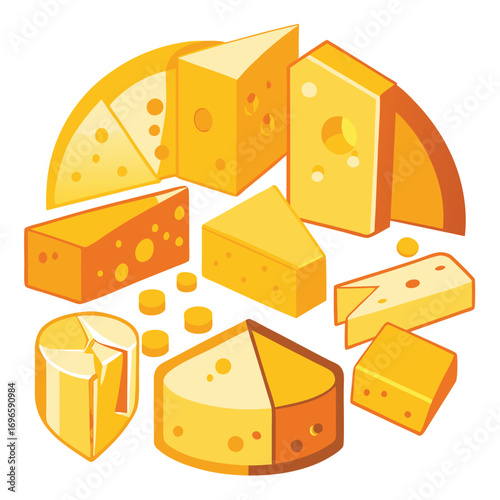 Hard porous cheese big head and sliced piece vector illustration