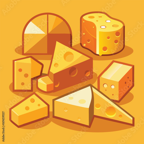 Hard porous cheese big head and sliced piece vector illustration
