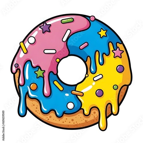 A colorful, cartoon-style donut with blue, pink, and yellow icing and sprinkles, set against a white background with a black outline.