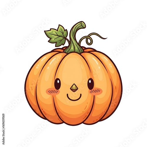 A cute, cartoonish pumpkin with a friendly face, standing on a white background with a green stem and leaf, surrounded by a simple, clean design.