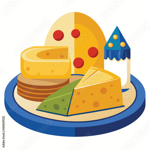 Hard porous cheese big head and sliced piece vector illustration