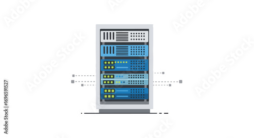 Abstract depiction of data center server rack connectivity and information transmission featuring clean, flat design showcasing organized system