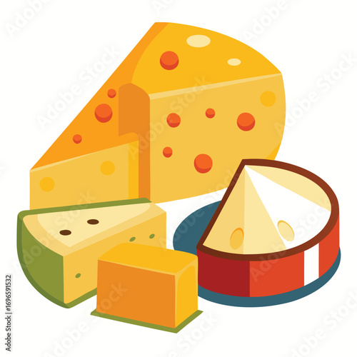 Hard porous cheese big head and sliced piece vector illustration