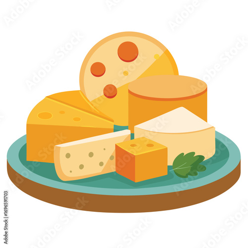 Hard porous cheese big head and sliced piece vector illustration