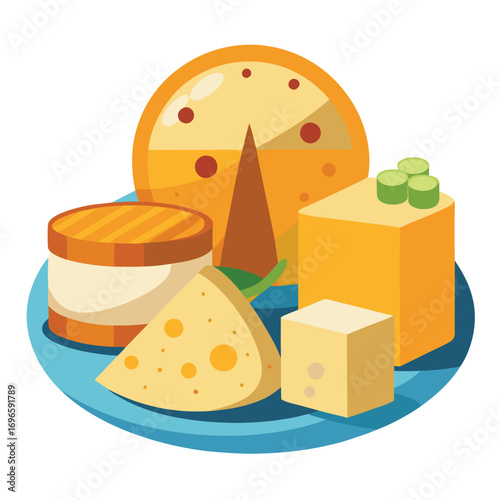 Hard porous cheese big head and sliced piece vector illustration